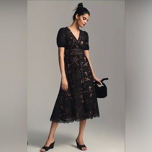 NWT By Anthropologie Ophelia puff-sleeve black and nude dress